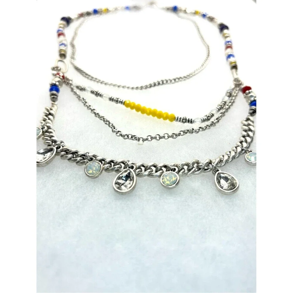 Premier Designs Multi-Strand Silver Necklace with Yellow, Blue & Red Beads